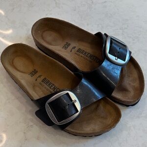 Birkenstock Black Arizona Single Strap Sandals with Silver Buckles